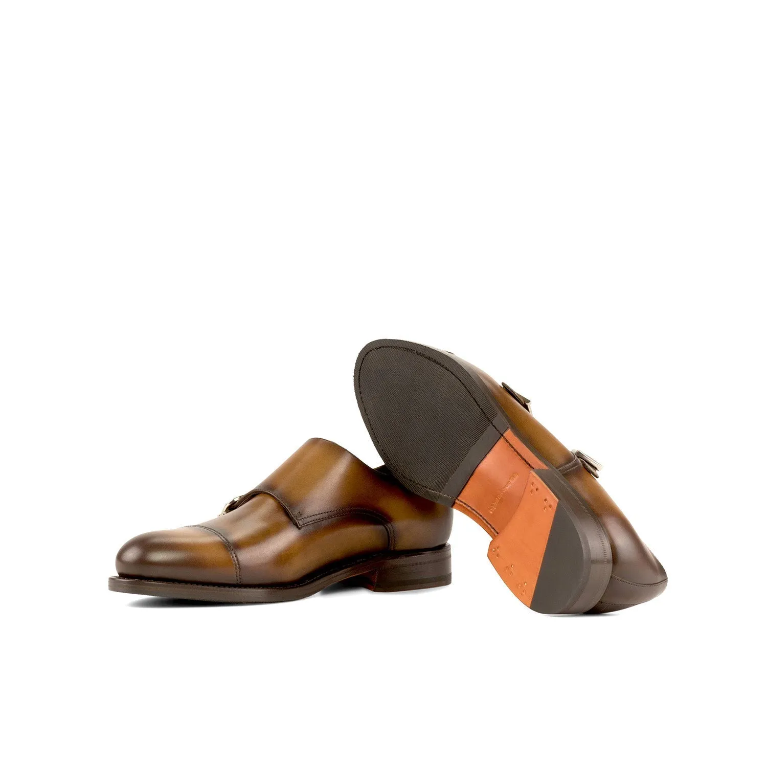 Ambrogio Bespoke Men's Shoes Cognac Calf-Skin Leather Cap-Toe Monk-Straps Loafers (AMB2301)