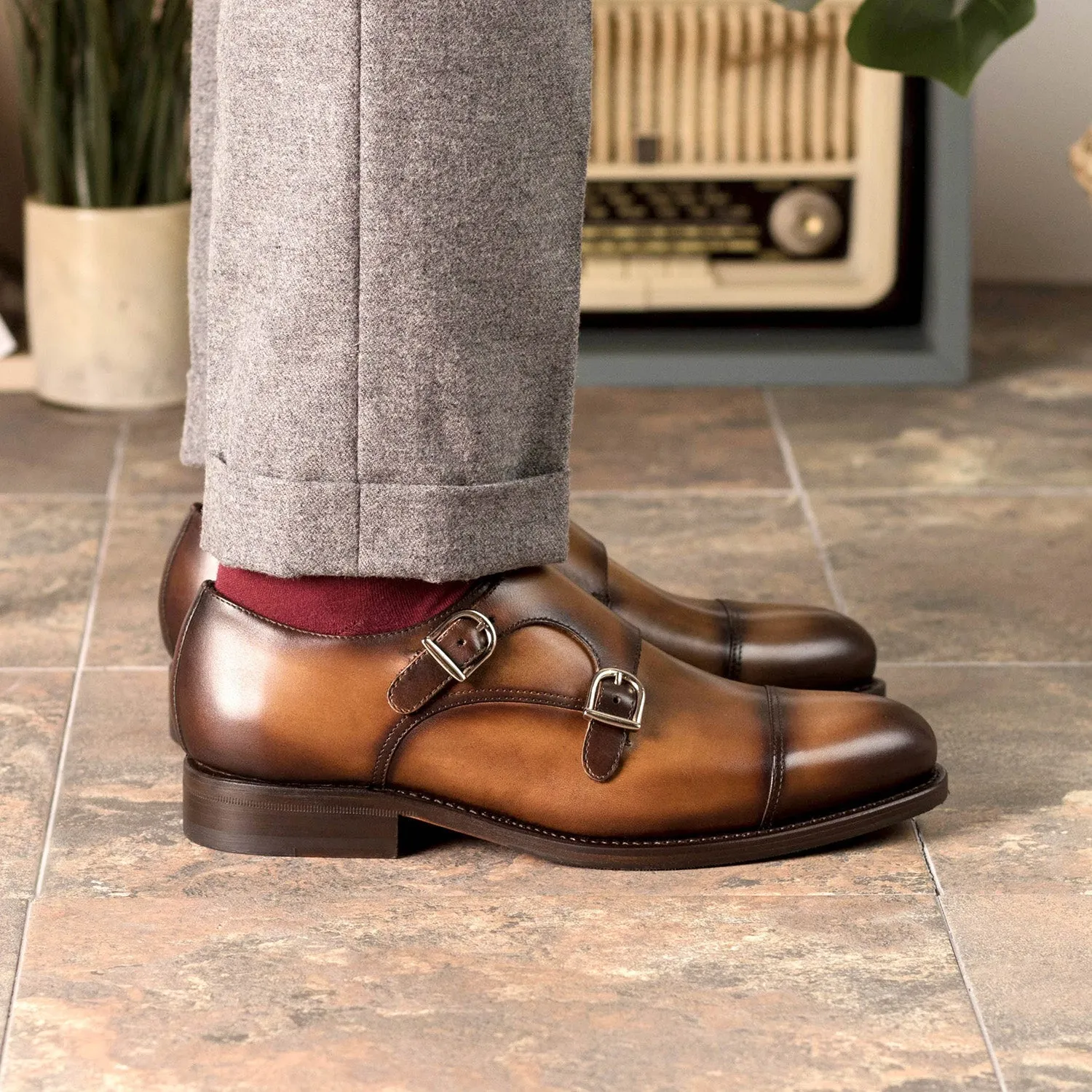 Ambrogio Bespoke Men's Shoes Cognac Calf-Skin Leather Cap-Toe Monk-Straps Loafers (AMB2301)