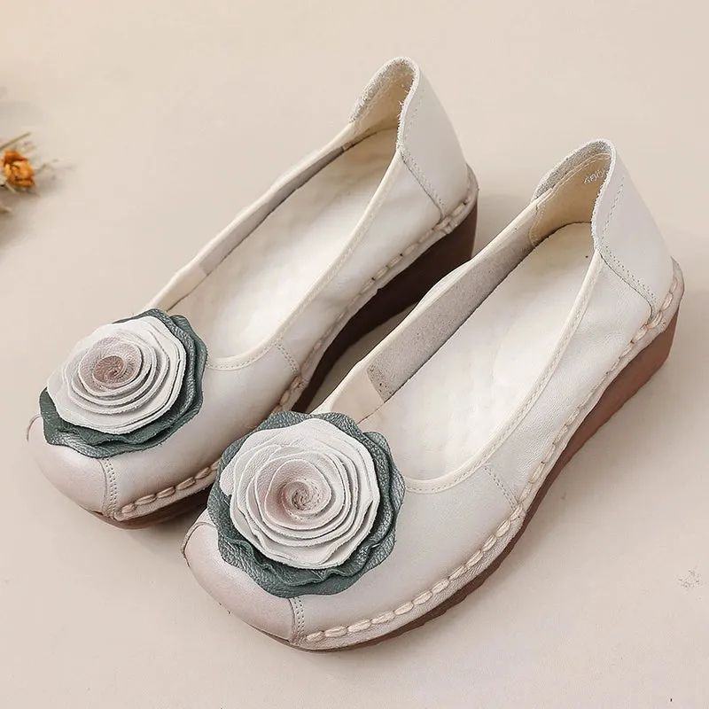 Babakud Women Spring Leather Rose Soft-Sole Flats Shoes