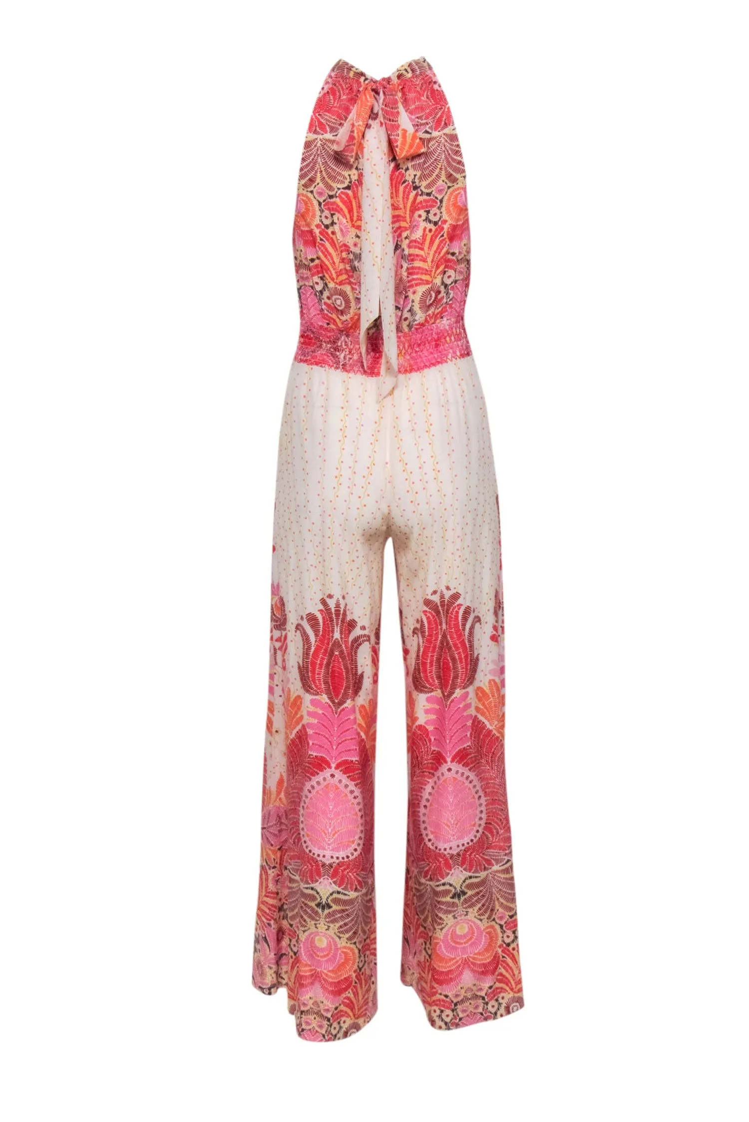 Calypso - Ivory w/ Pink, Yellow, & Orange Print Mock Neck Tie Jumpsuit Sz XS