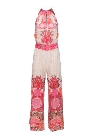 Calypso - Ivory w/ Pink, Yellow, & Orange Print Mock Neck Tie Jumpsuit Sz XS