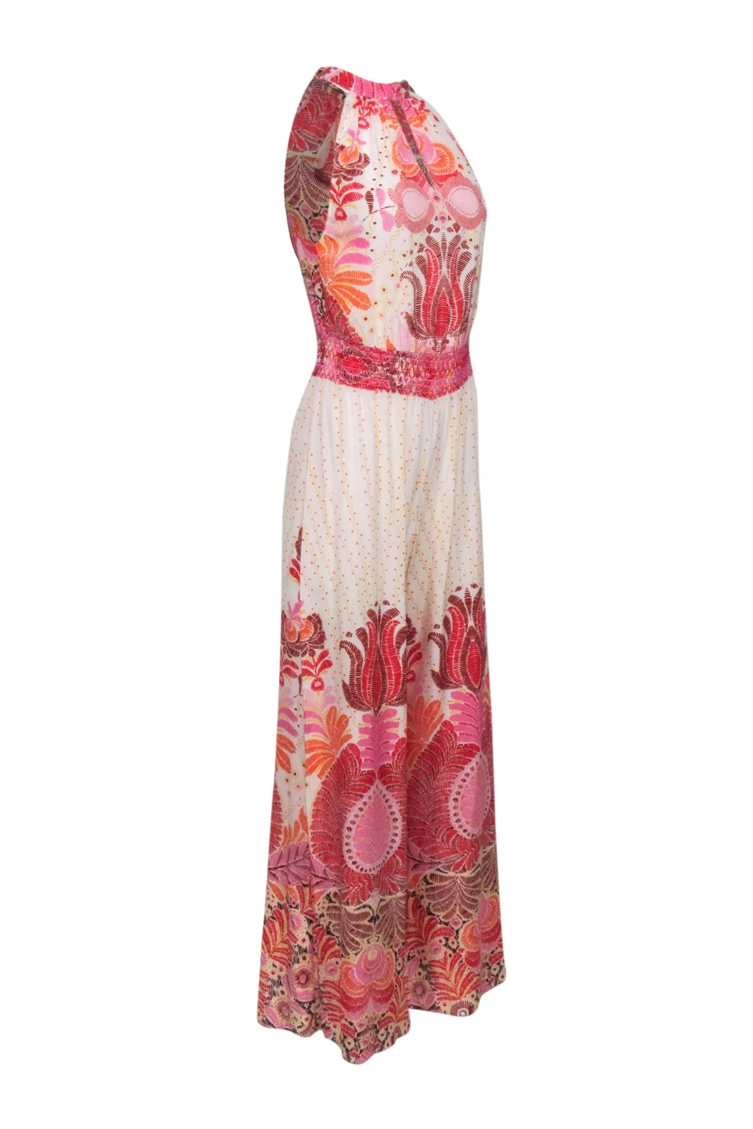 Calypso - Ivory w/ Pink, Yellow, & Orange Print Mock Neck Tie Jumpsuit Sz XS