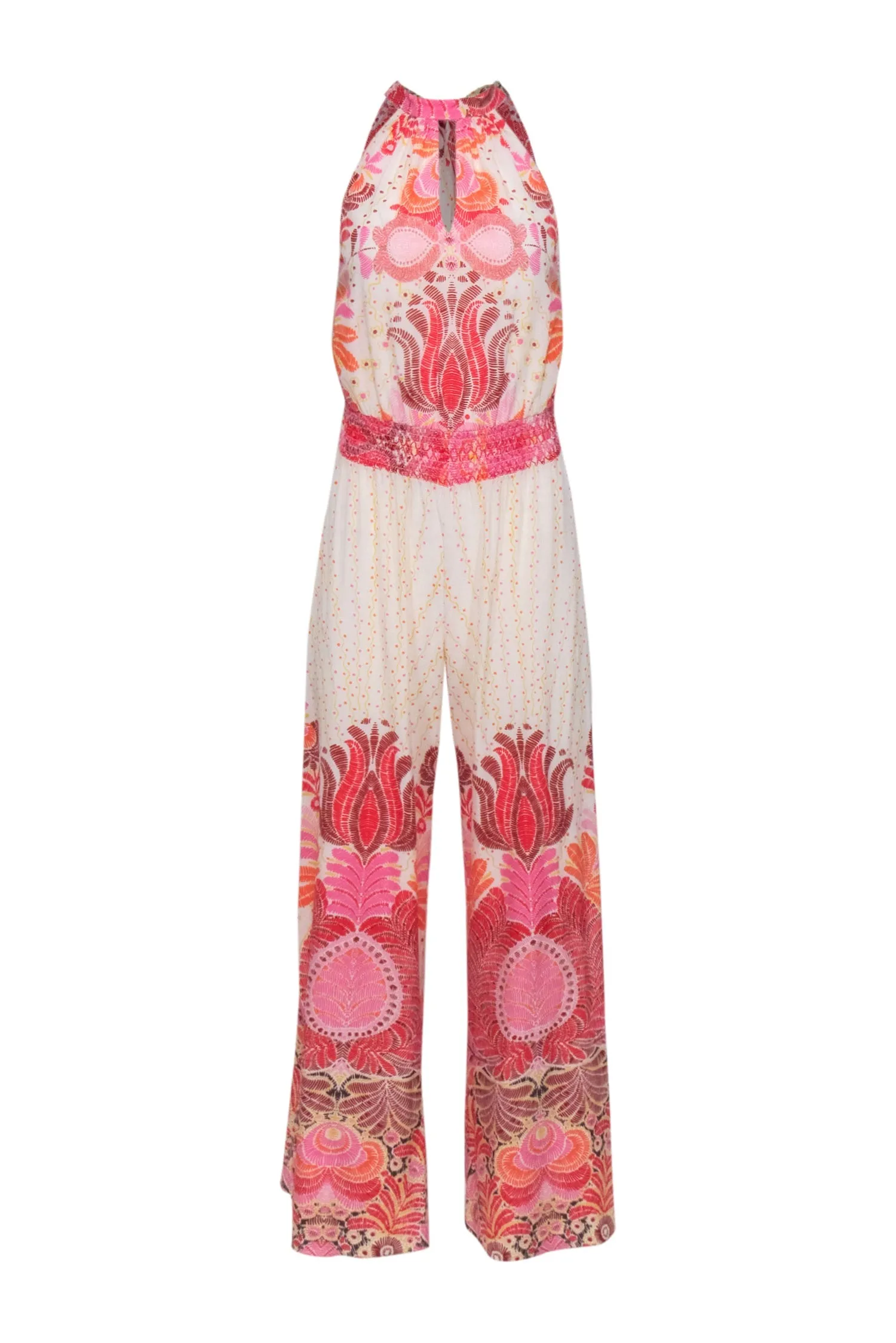 Calypso - Ivory w/ Pink, Yellow, & Orange Print Mock Neck Tie Jumpsuit Sz XS