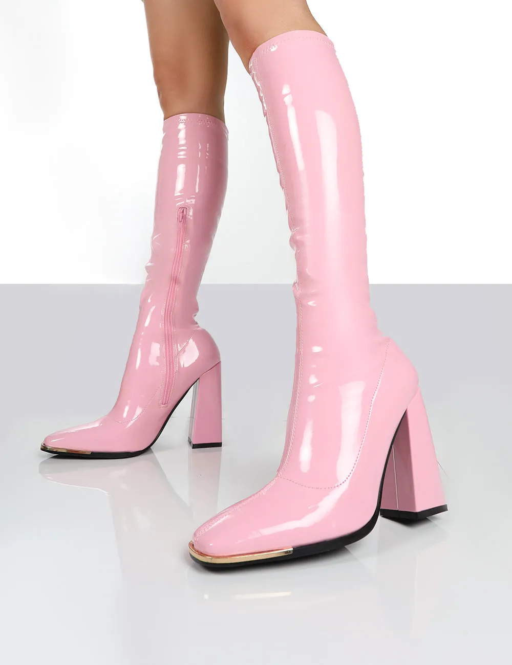 Caryn Pink Pu Knee High Heeled Boots