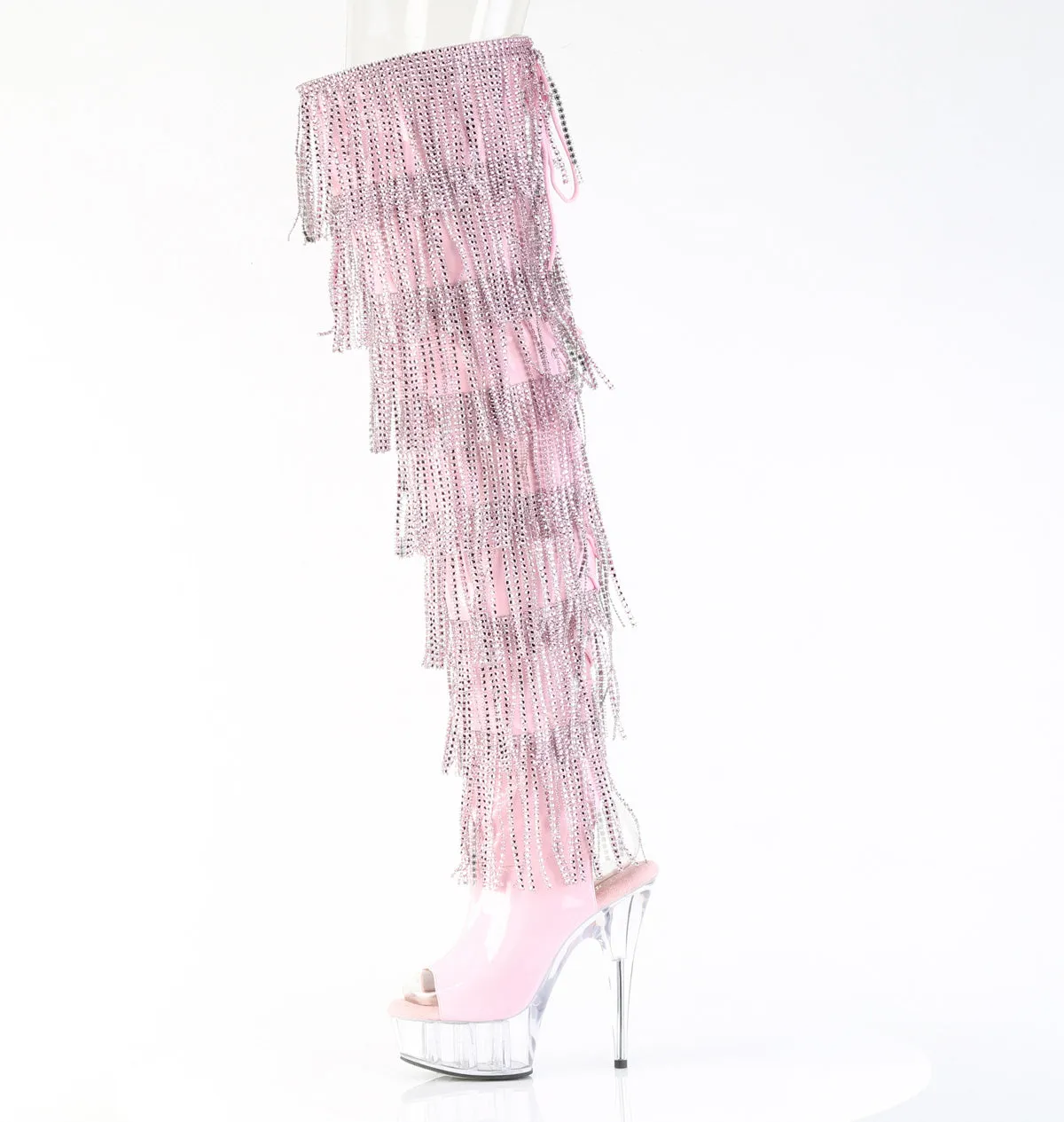 DELIGHT-3017HG-RSF Pleaser Pink Holographic Bling Tassel Thigh High Boots