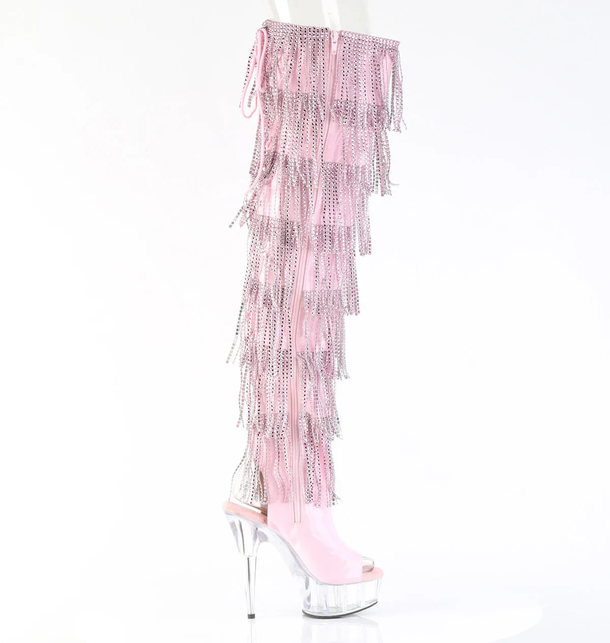 DELIGHT-3017HG-RSF Pleaser Pink Holographic Bling Tassel Thigh High Boots