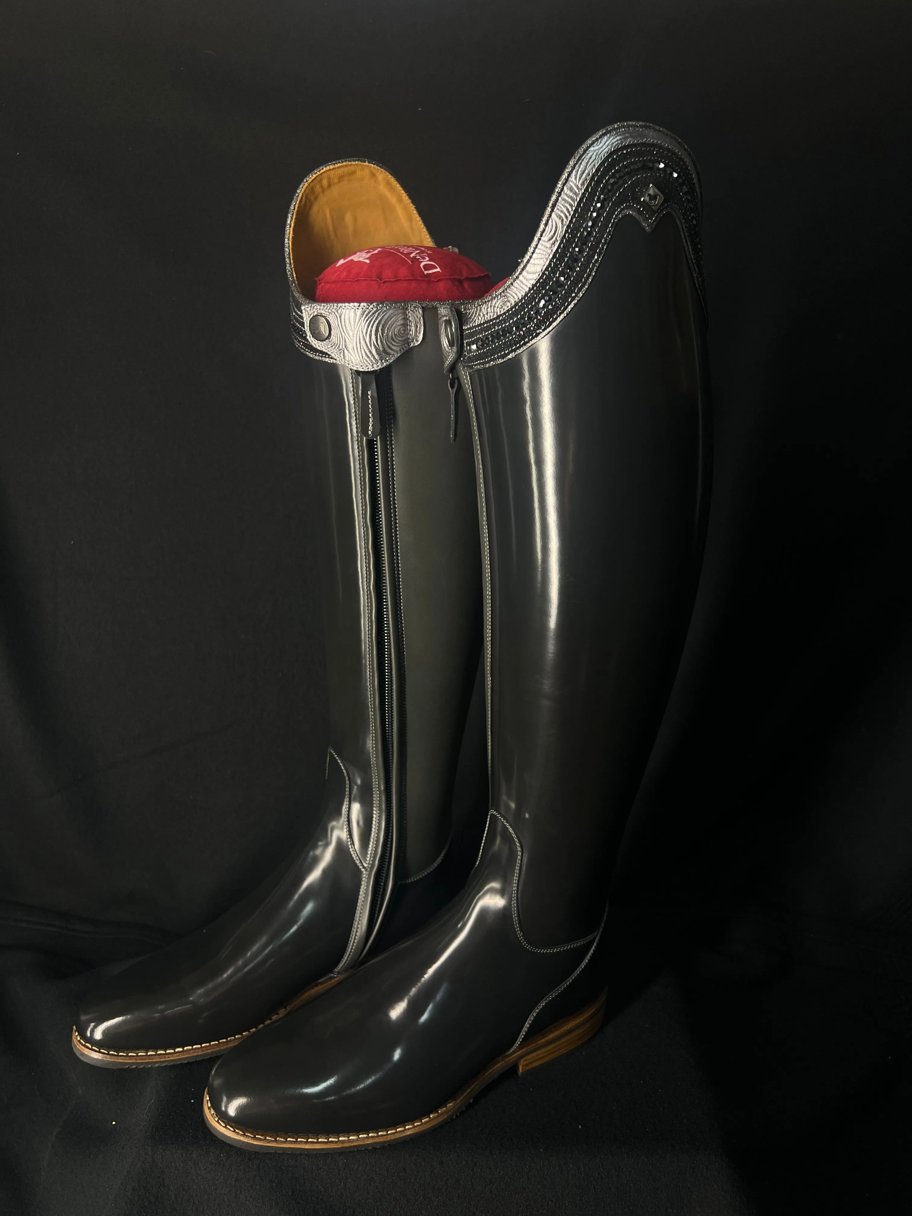 DeNiro Bellini Custom Dressage Boots Brushed Grey with Roseto Grey and Jet Crystals - In Stock