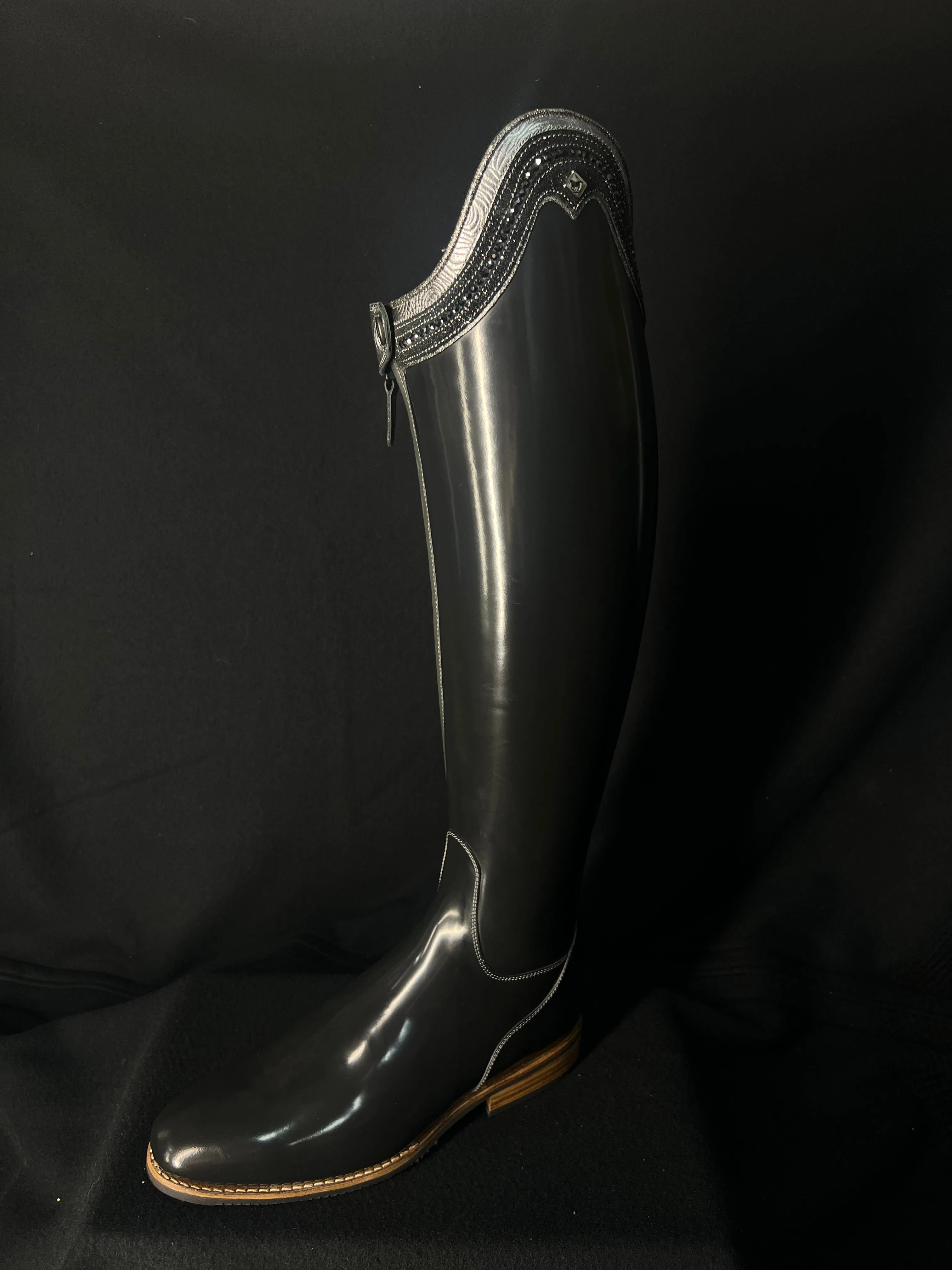 DeNiro Bellini Custom Dressage Boots Brushed Grey with Roseto Grey and Jet Crystals - In Stock