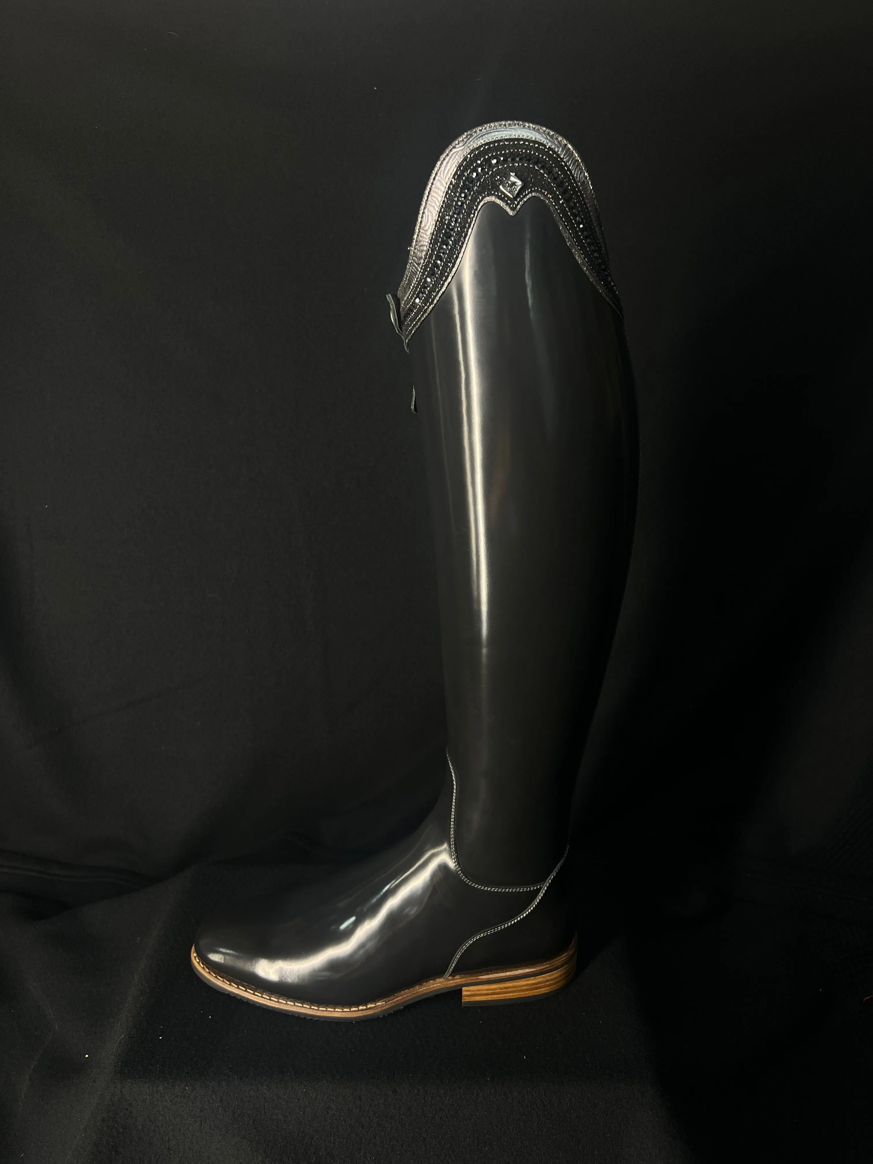 DeNiro Bellini Custom Dressage Boots Brushed Grey with Roseto Grey and Jet Crystals - In Stock