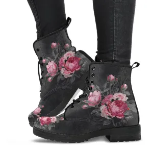 Gothic Pink and Grey Floral Vegan leather Combat Boots - Dark Victorian Roses Boots  (JPREG74)