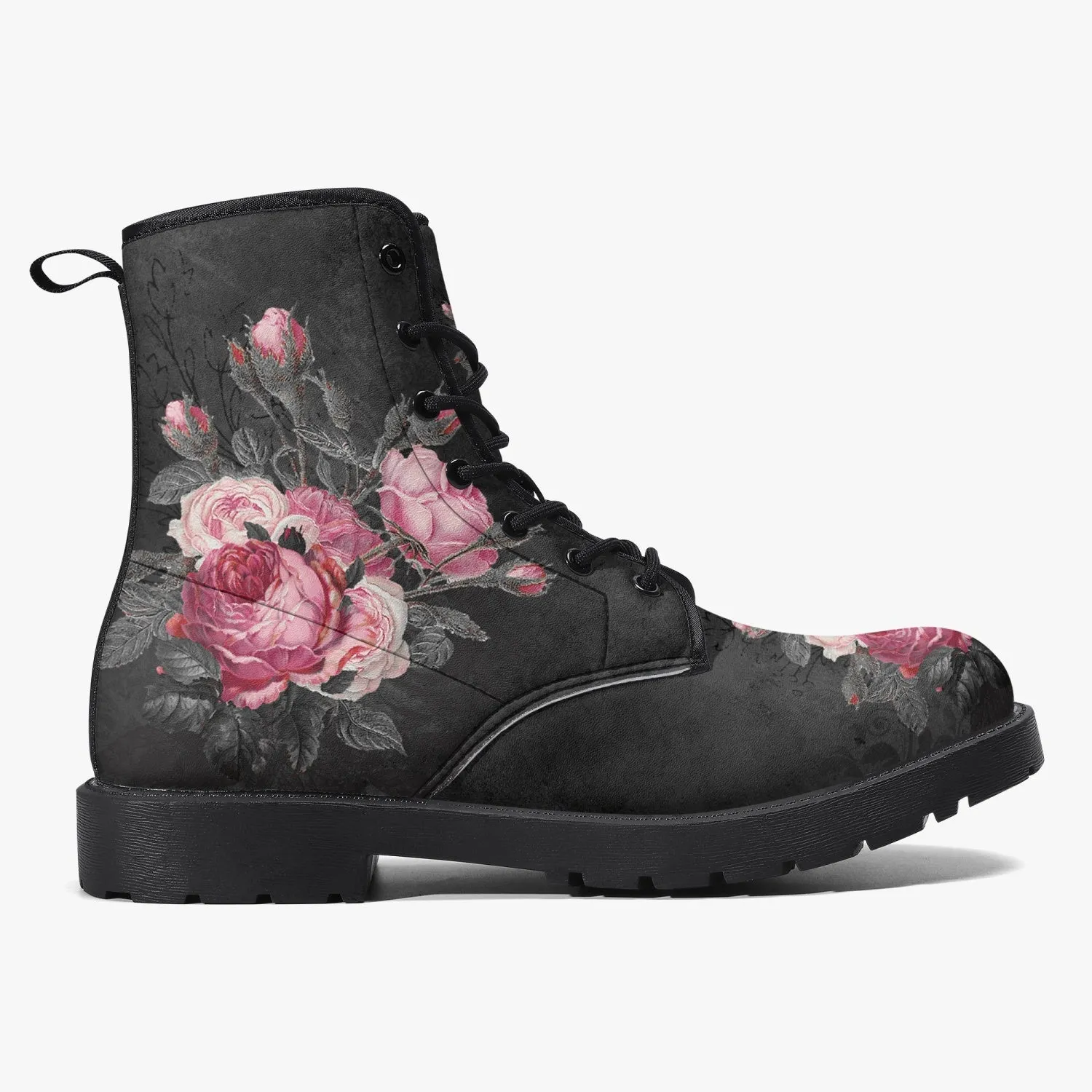 Gothic Pink and Grey Floral Vegan leather Combat Boots - Dark Victorian Roses Boots  (JPREG74)