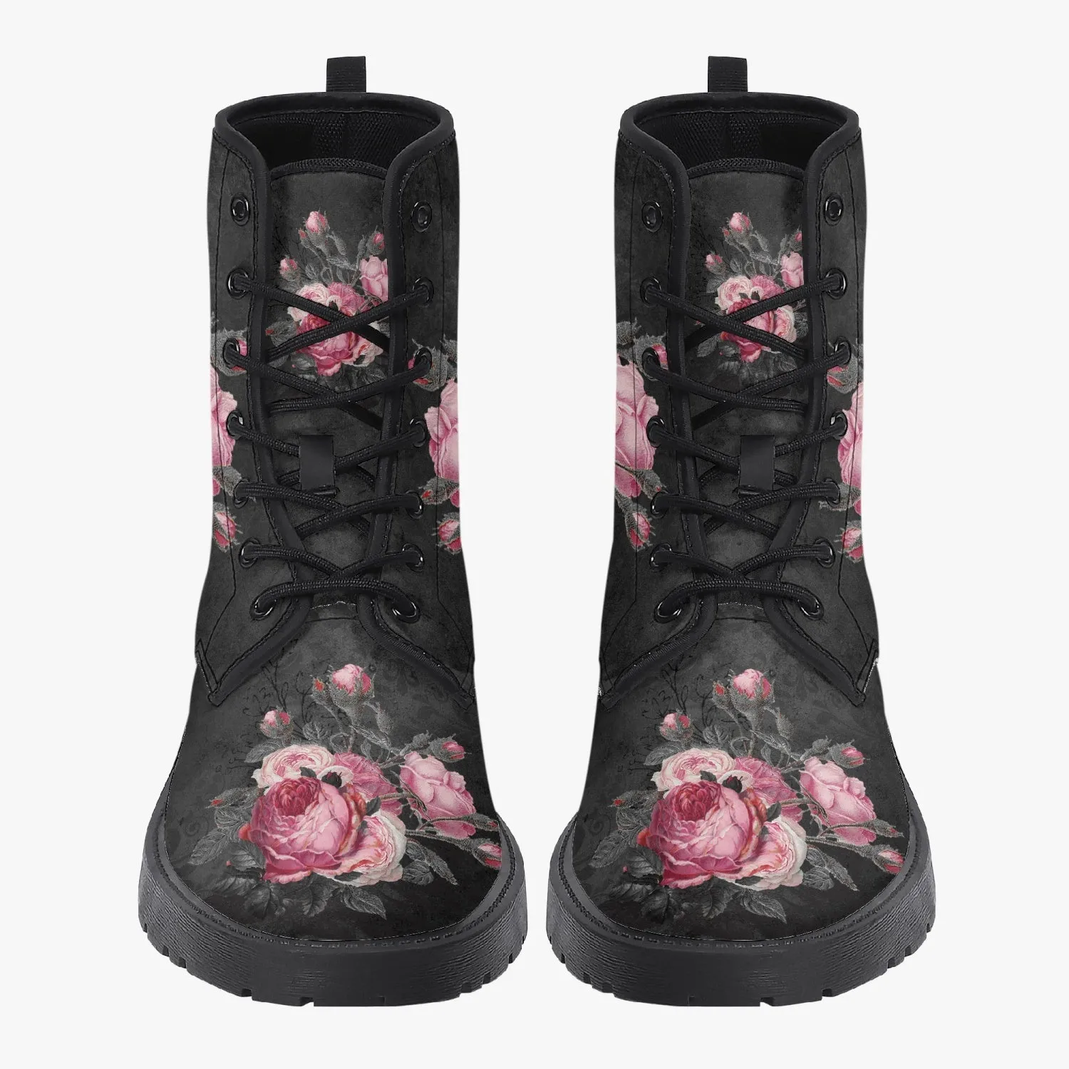 Gothic Pink and Grey Floral Vegan leather Combat Boots - Dark Victorian Roses Boots  (JPREG74)