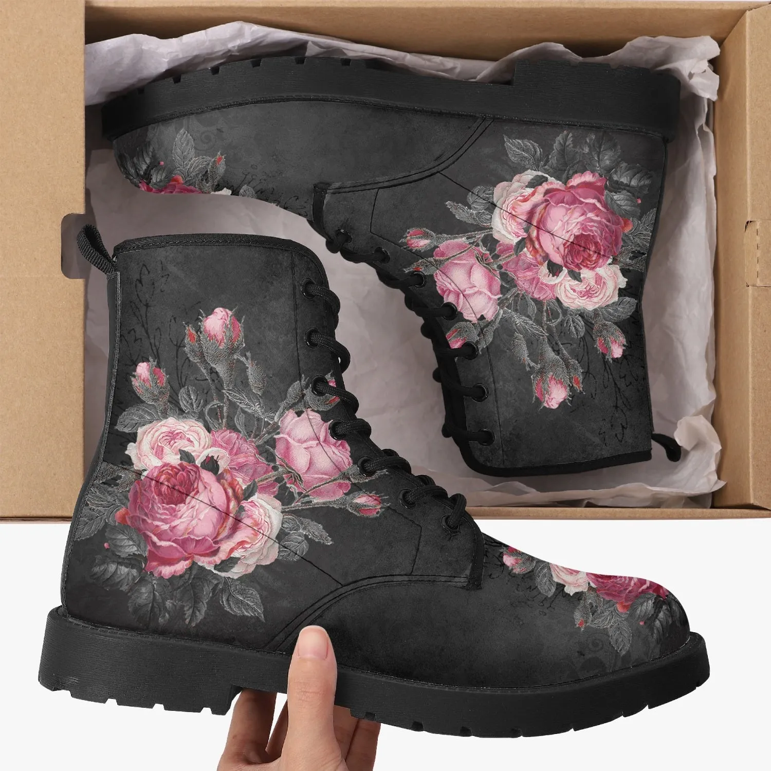 Gothic Pink and Grey Floral Vegan leather Combat Boots - Dark Victorian Roses Boots  (JPREG74)