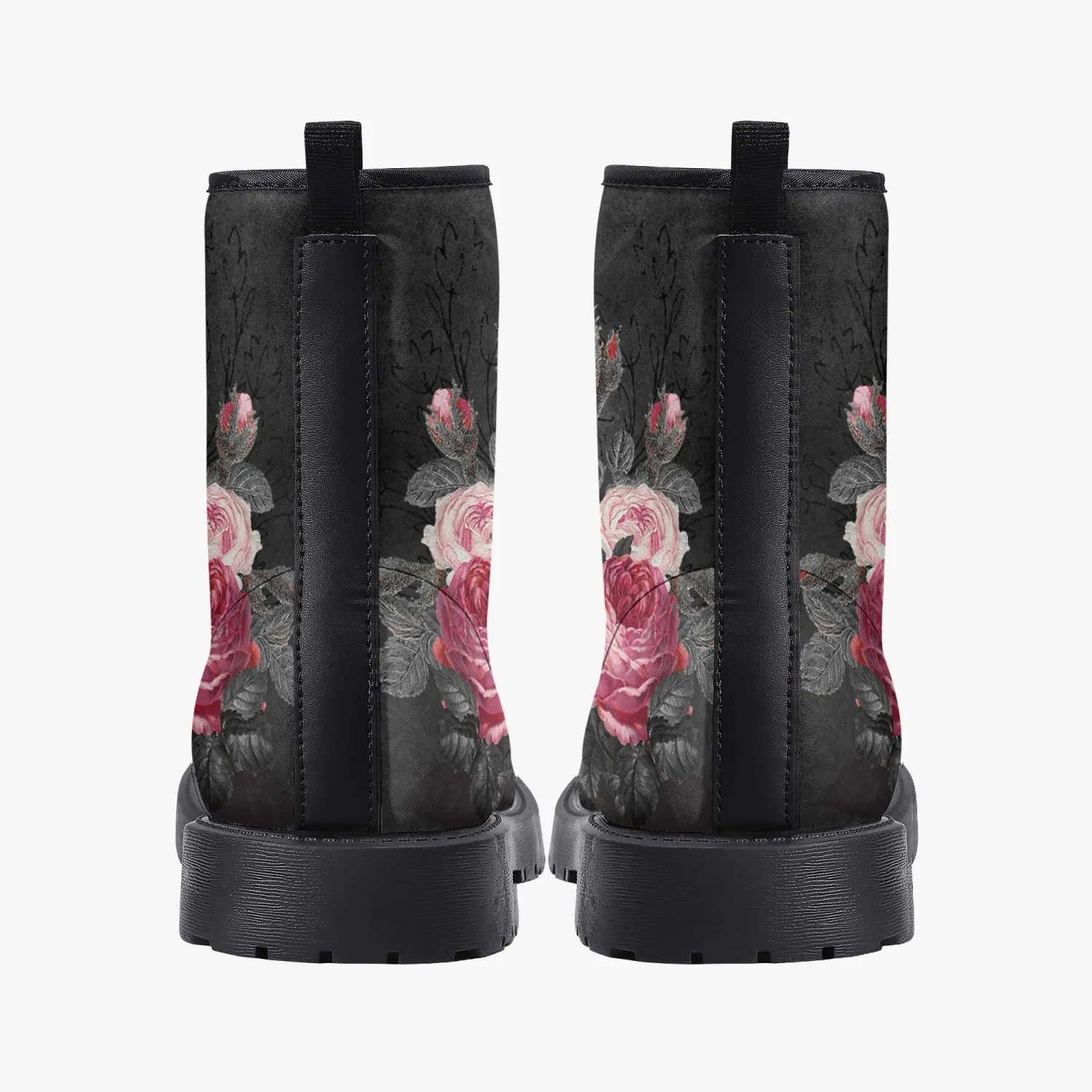 Gothic Pink and Grey Floral Vegan leather Combat Boots - Dark Victorian Roses Boots  (JPREG74)