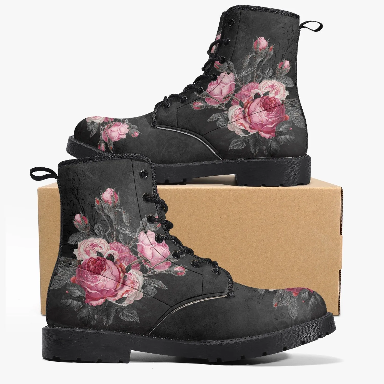 Gothic Pink and Grey Floral Vegan leather Combat Boots - Dark Victorian Roses Boots  (JPREG74)
