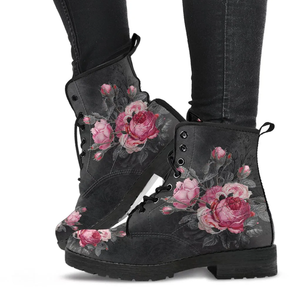 Gothic Pink and Grey Floral Vegan leather Combat Boots - Dark Victorian Roses Boots  (JPREG74)