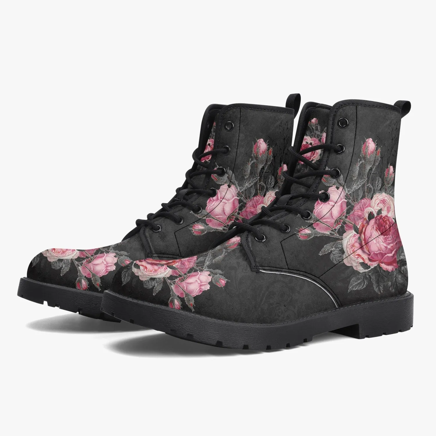 Gothic Pink and Grey Floral Vegan leather Combat Boots - Dark Victorian Roses Boots  (JPREG74)