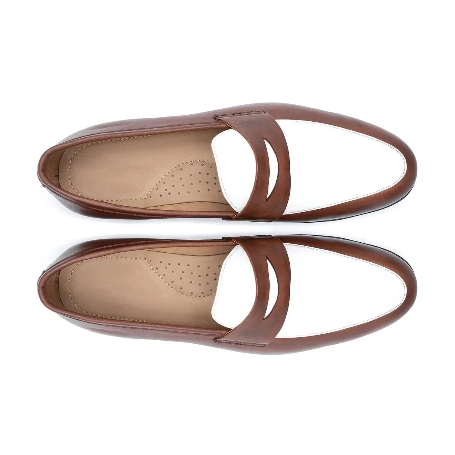 Handmade Custom White & Brown Calf Leather Mens Loafers