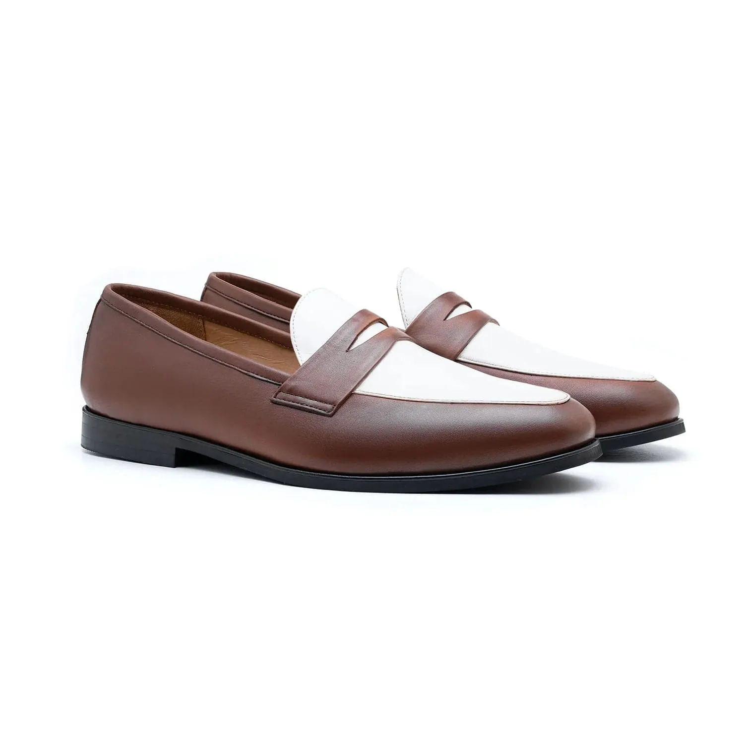Handmade Custom White & Brown Calf Leather Mens Loafers