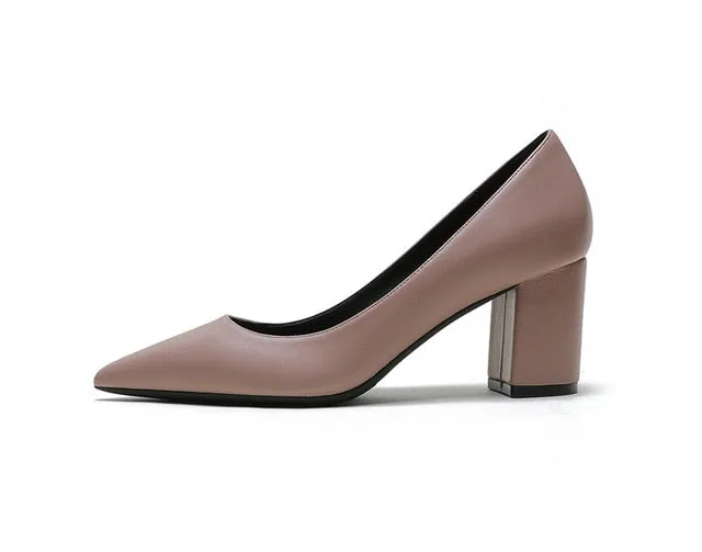 KATELVADI Shoes Woman Pumps 6.5CM High Heels Pointed Toe Split Leather Beige Shoes Square Heels Women Shoes HZL006