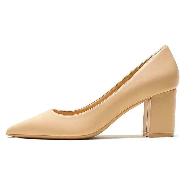 KATELVADI Shoes Woman Pumps 6.5CM High Heels Pointed Toe Split Leather Beige Shoes Square Heels Women Shoes HZL006