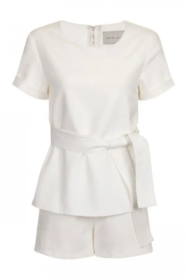 Lavish Alice White Sash Belt Cropped Playsuit