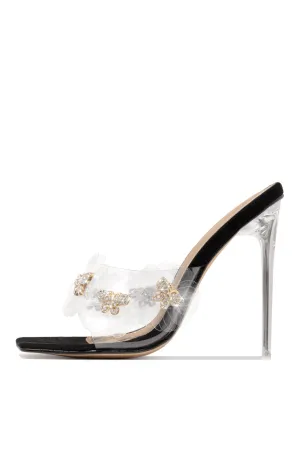 LuxeModa Secret Black Diamond Butterfly Square Peep Toe Heel Clear Pump Mules