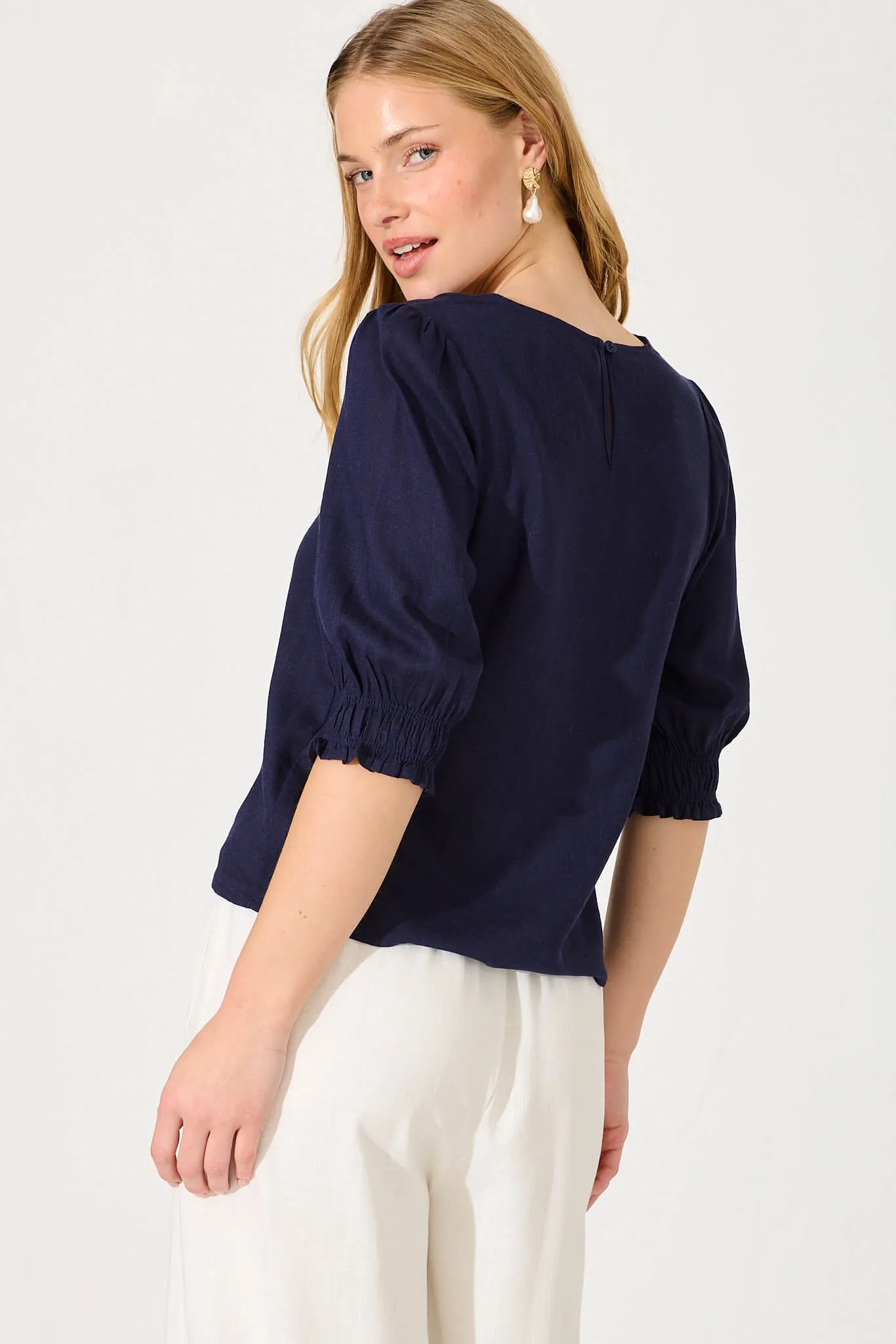 Navy Cotton Linen Top by Tiana