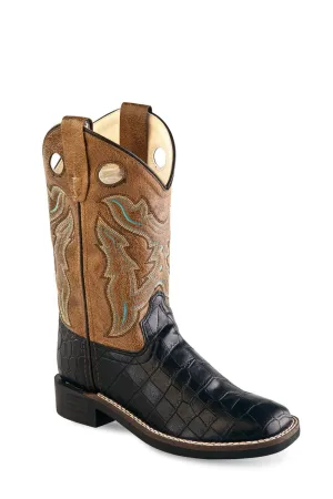 Old West Black/Tan Kids Boys Faux Leather Croc Cowboy Boots 10D