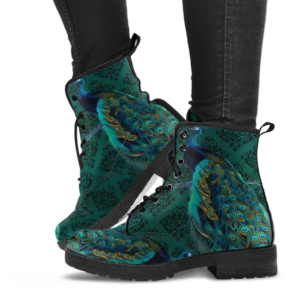Peacock Boots - Blue, green Vegan Leather Combat Boots (JPREG53)