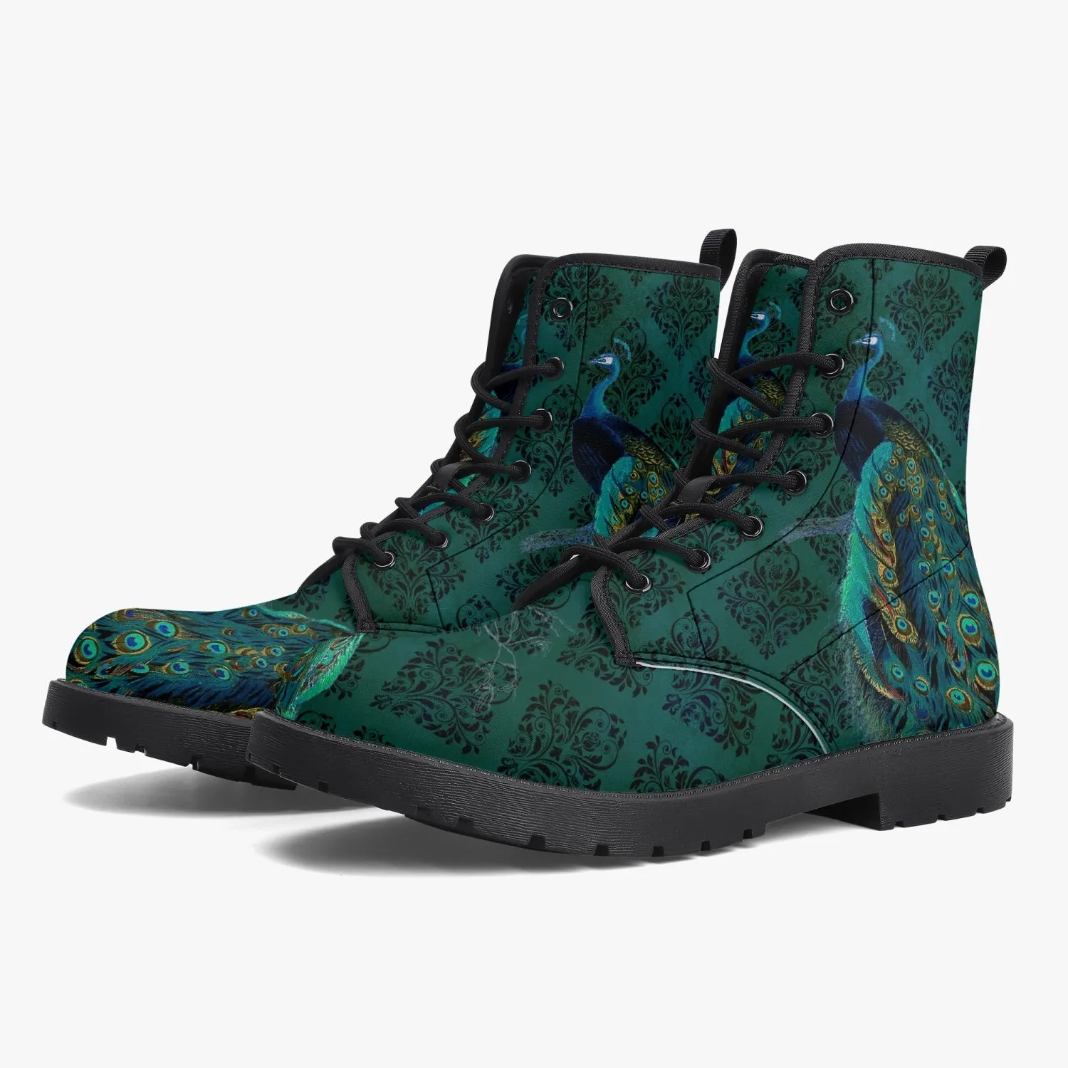 Peacock Boots - Blue, green Vegan Leather Combat Boots (JPREG53)