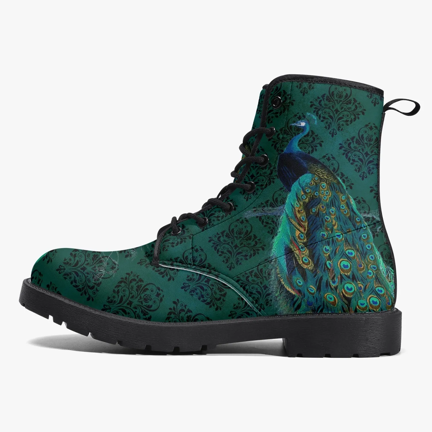 Peacock Boots - Blue, green Vegan Leather Combat Boots (JPREG53)