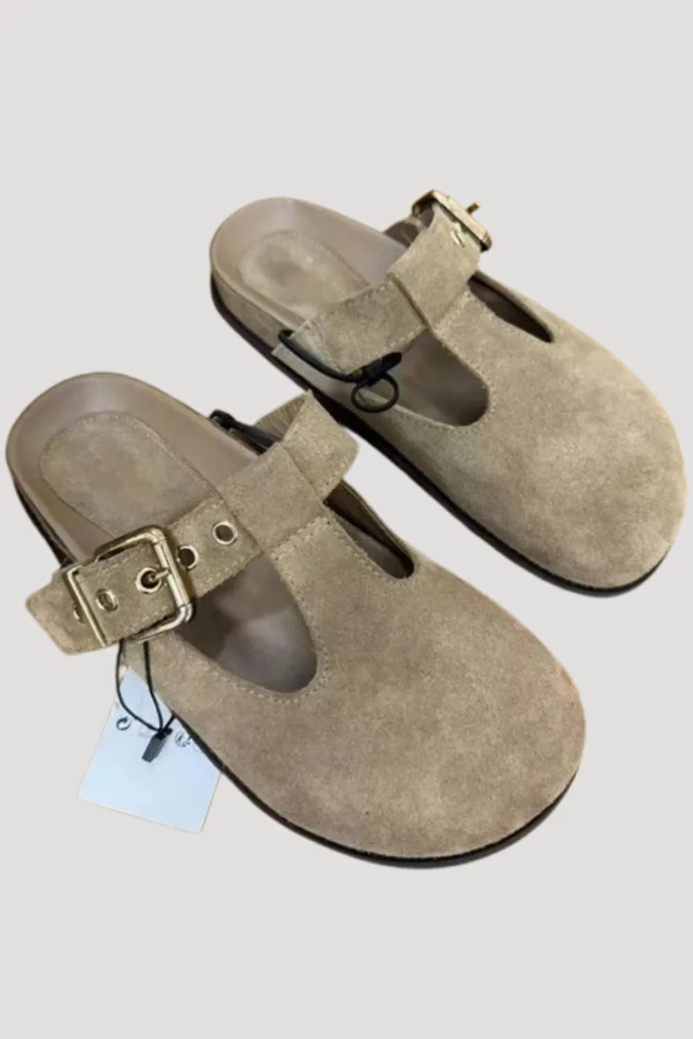 SLIP ON SPLIT KHAKI SUEDE CLOGS WITH BUCKLE