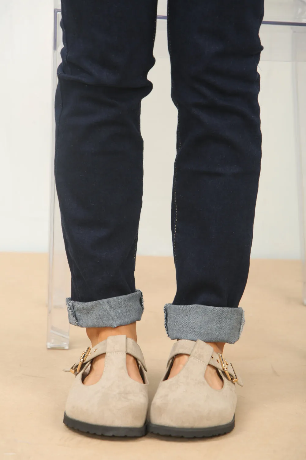SLIP ON SPLIT KHAKI SUEDE CLOGS WITH BUCKLE
