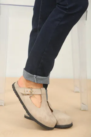 SLIP ON SPLIT KHAKI SUEDE CLOGS WITH BUCKLE