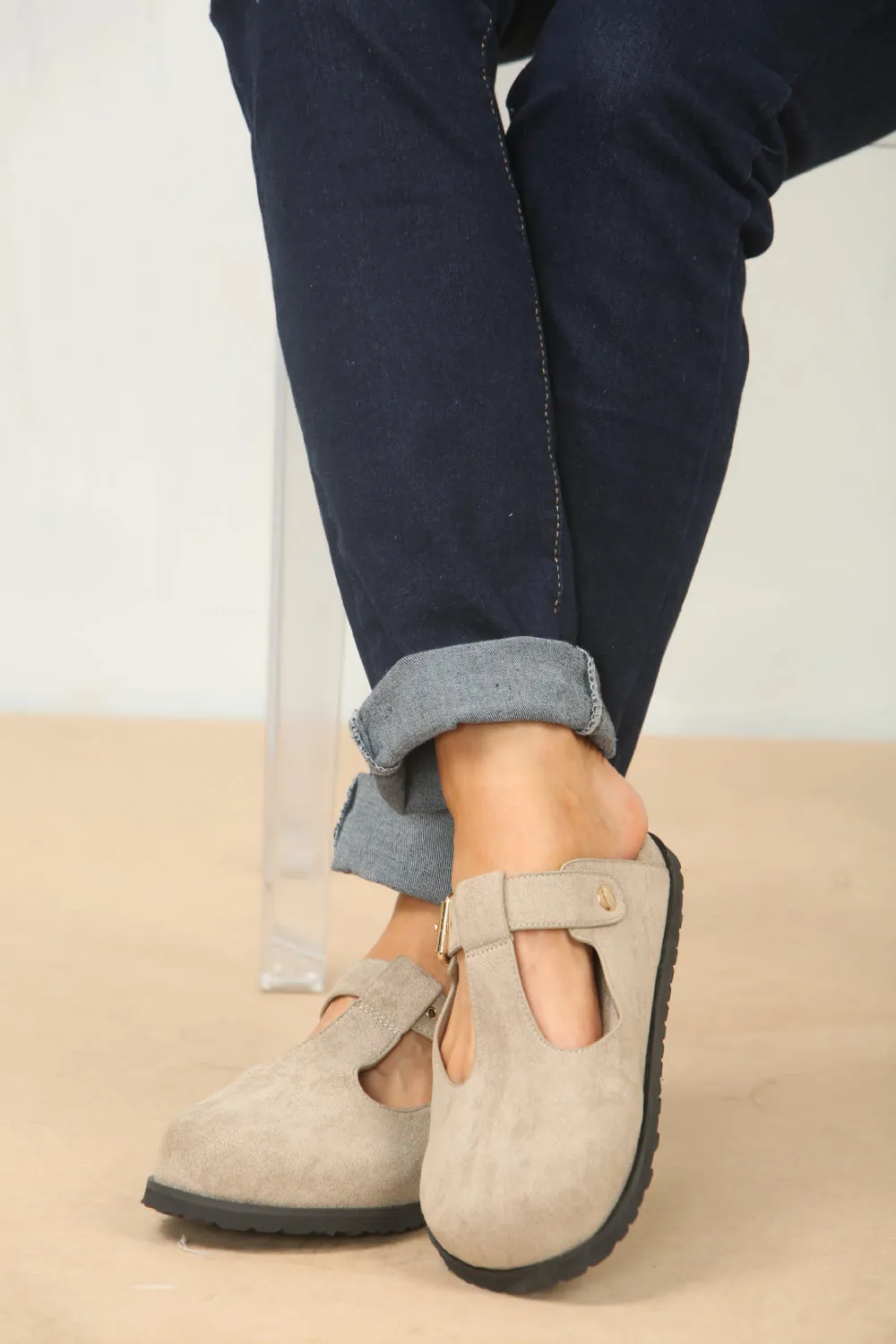 SLIP ON SPLIT KHAKI SUEDE CLOGS WITH BUCKLE