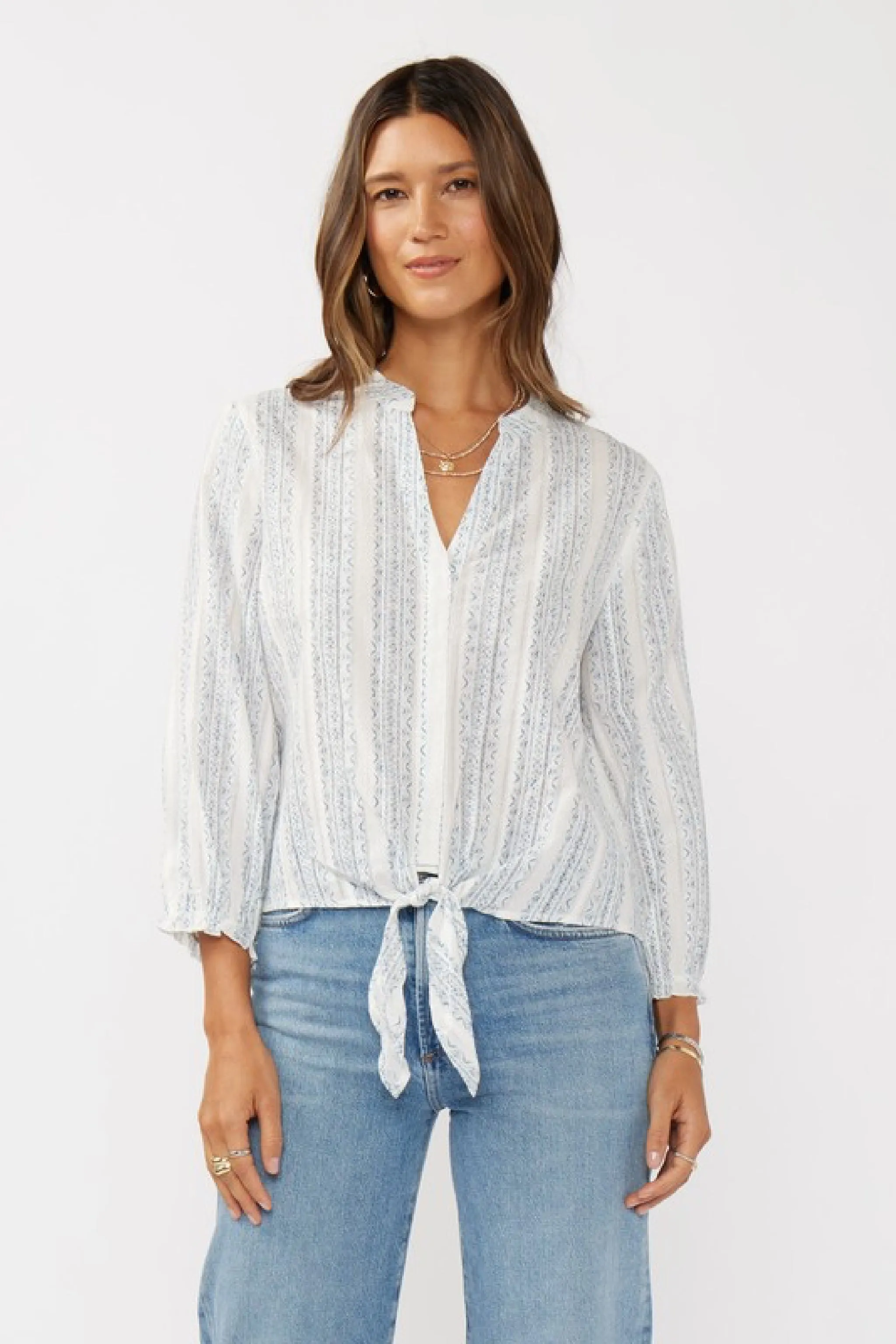 Waitlist 2/24 ♥ Serenity Long Sleeve Abstract Print Tie Front Top Blue