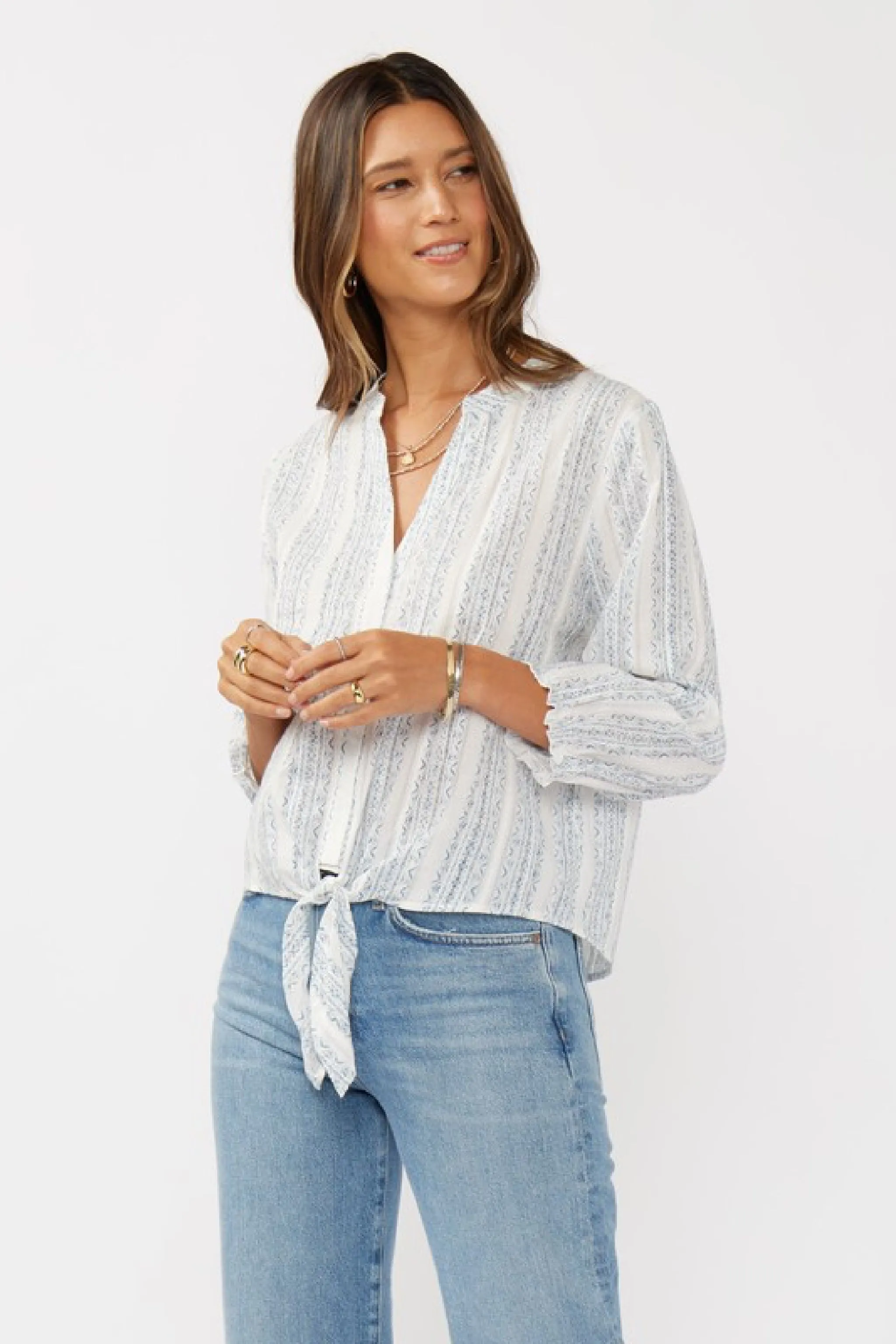 Waitlist 2/24 ♥ Serenity Long Sleeve Abstract Print Tie Front Top Blue