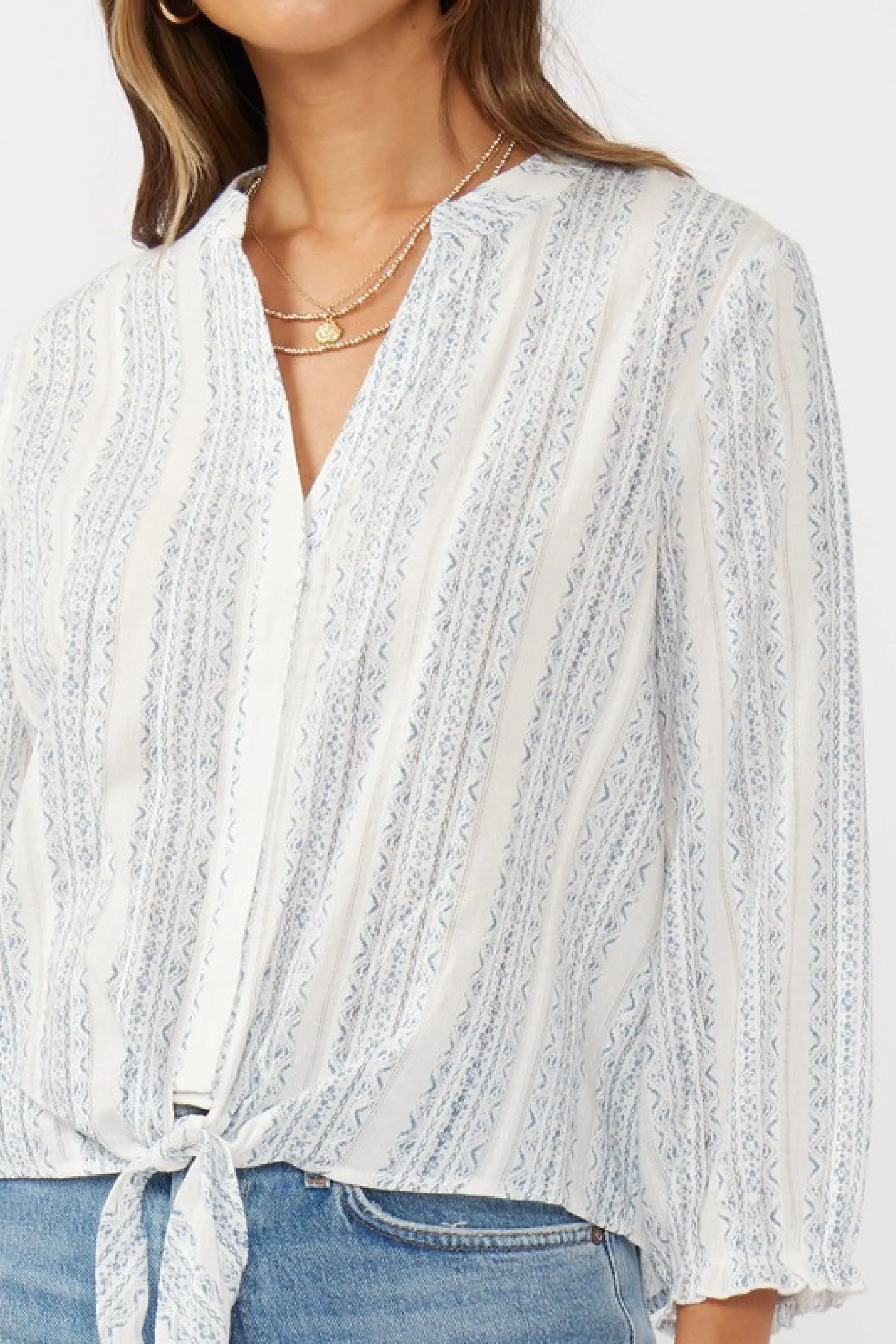Waitlist 2/24 ♥ Serenity Long Sleeve Abstract Print Tie Front Top Blue