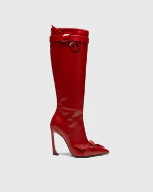 Zahra Buckle Knot Knee High Boots In Red