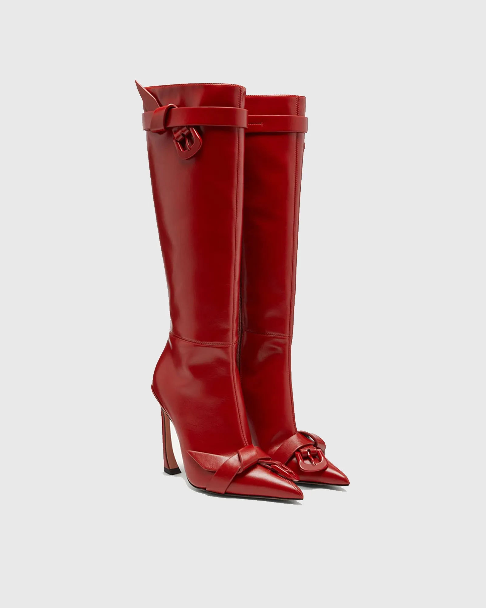 Zahra Buckle Knot Knee High Boots In Red